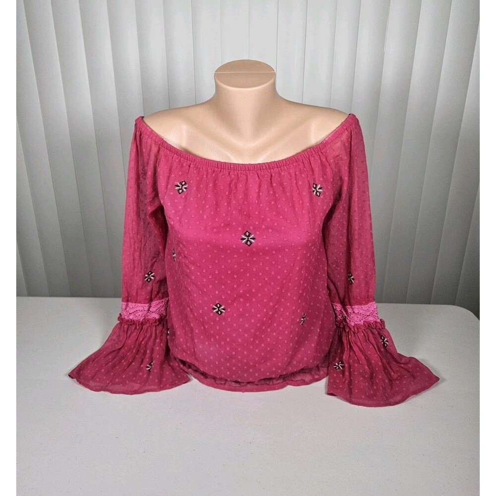 Rampage Womens Pink Off-The-Shoulder Embroidered Boho Blouse Swiss Dot Size M